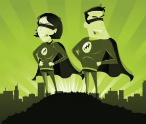 illustration of super heros with lightning bolt on clothing